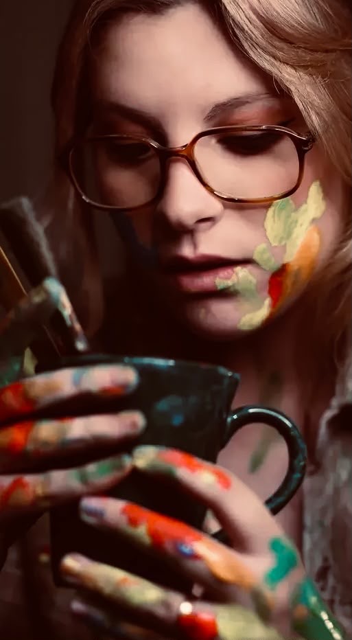 Bianca Felga com pincéis e tintas coloridas nas mãos e no rosto