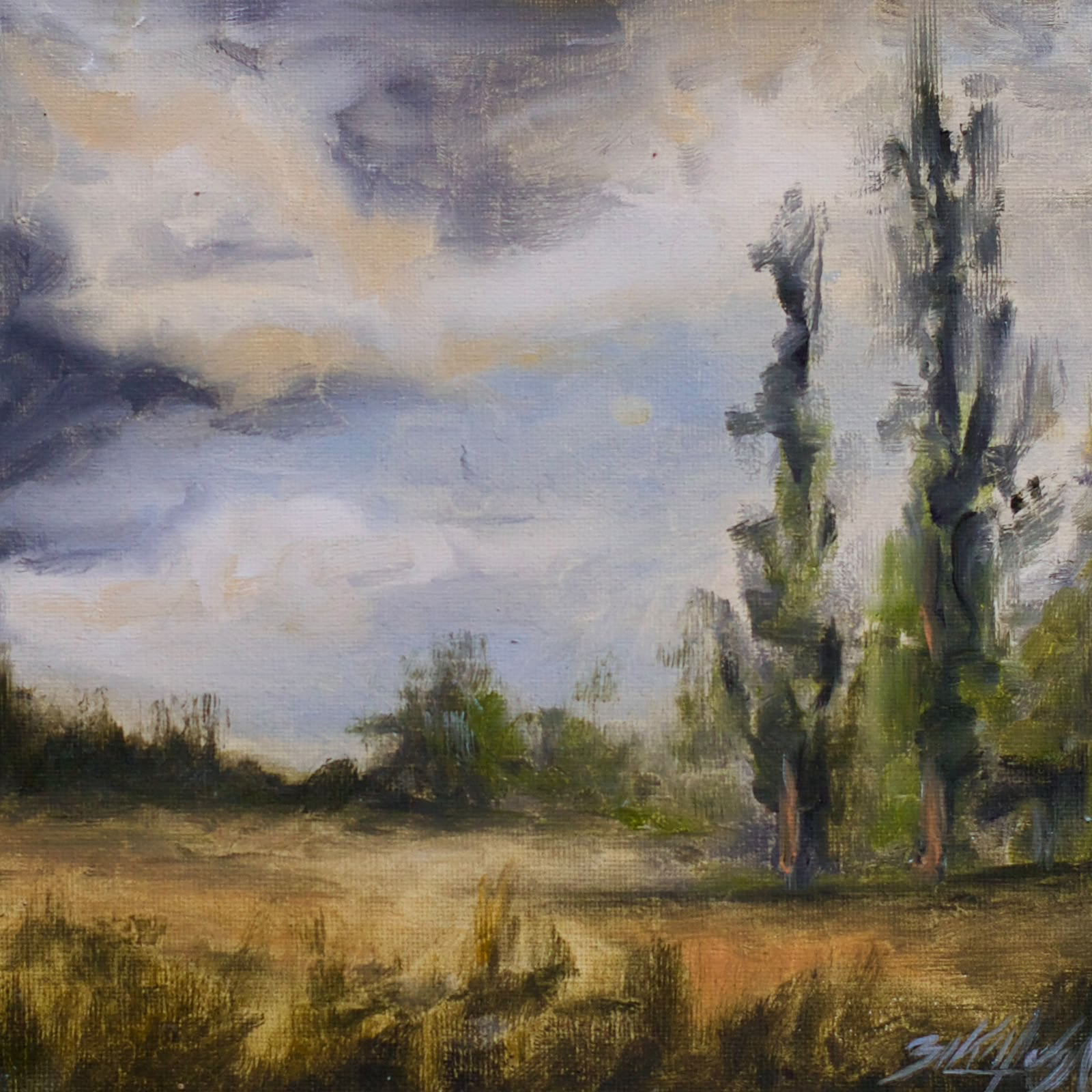 Landscape with tall trees and a softly coloured sky