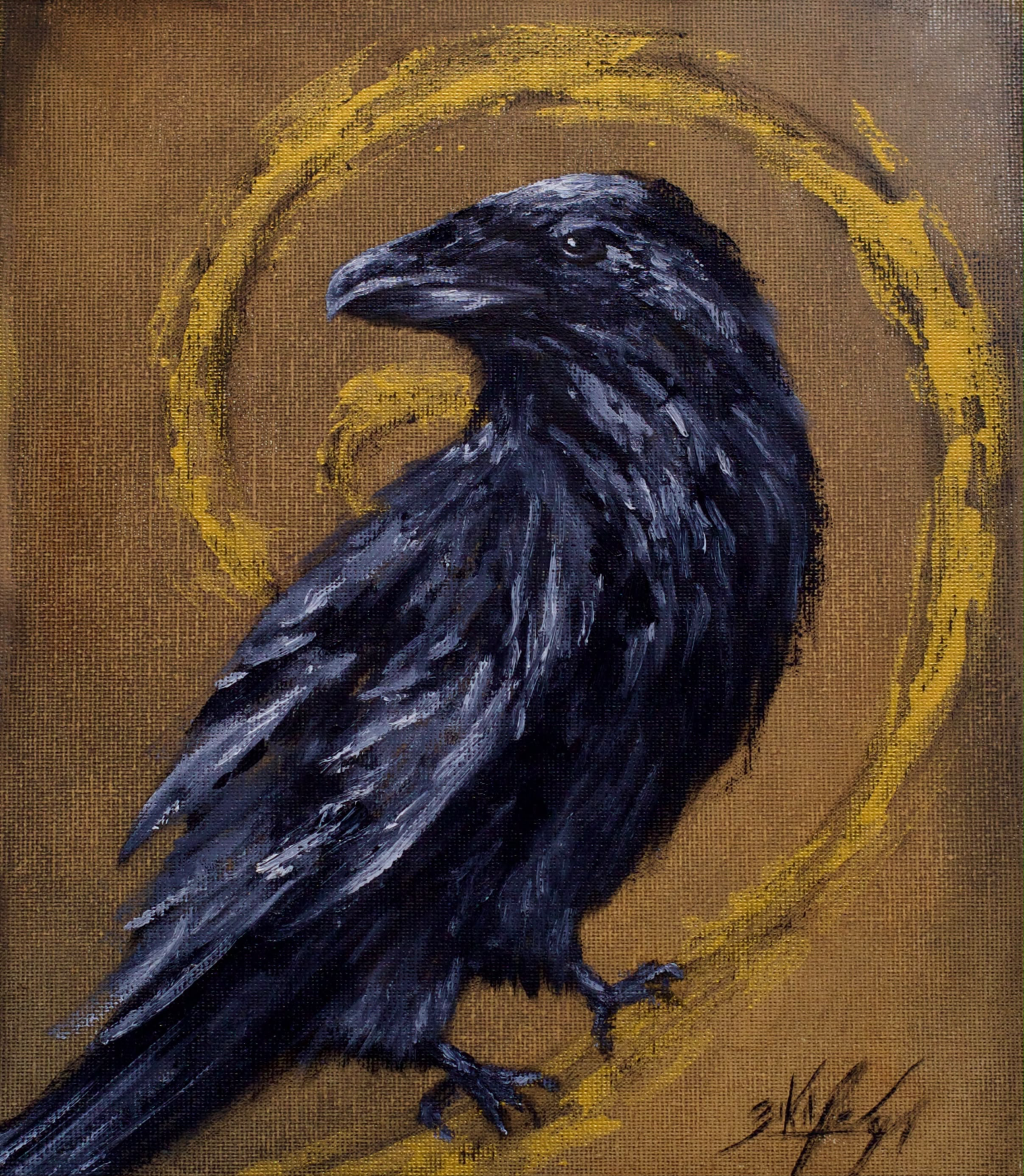 Black raven against an ochre background with golden strokes