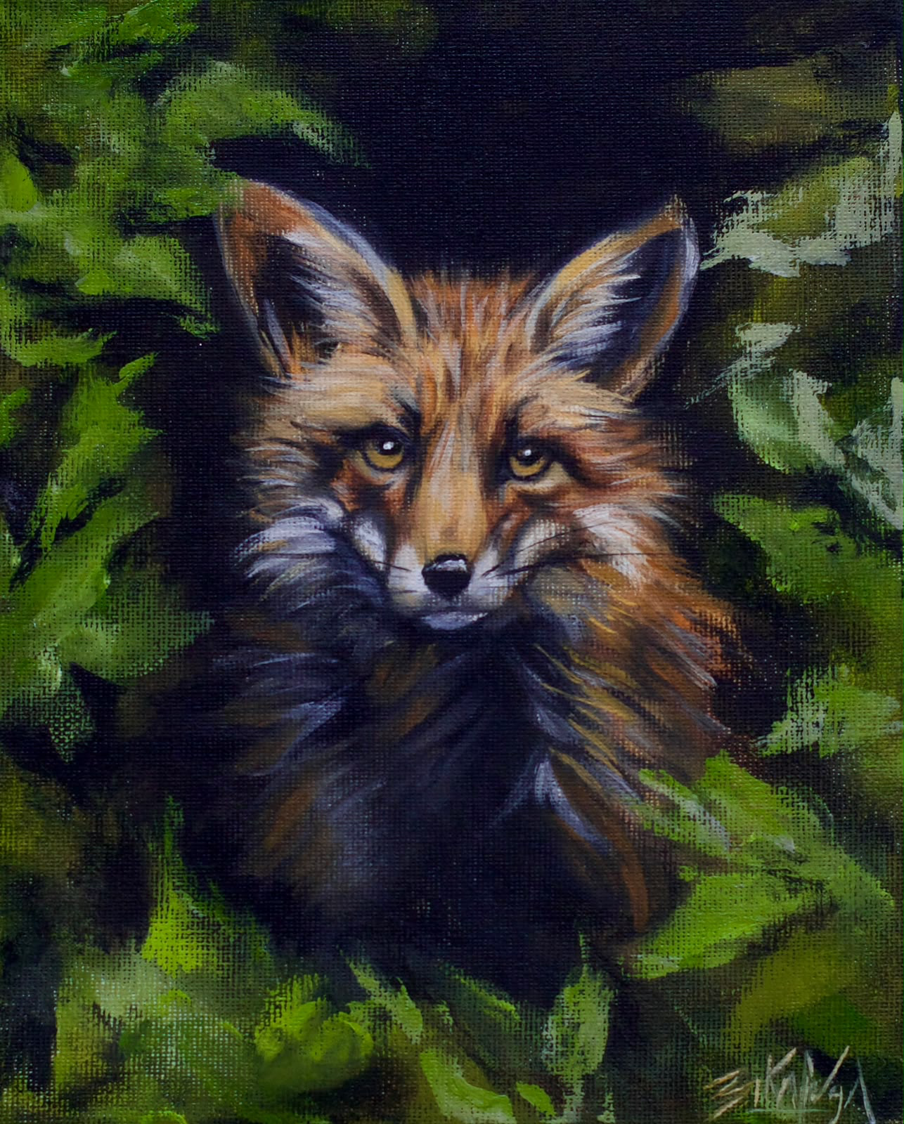 Fox among green foliage against a dark background