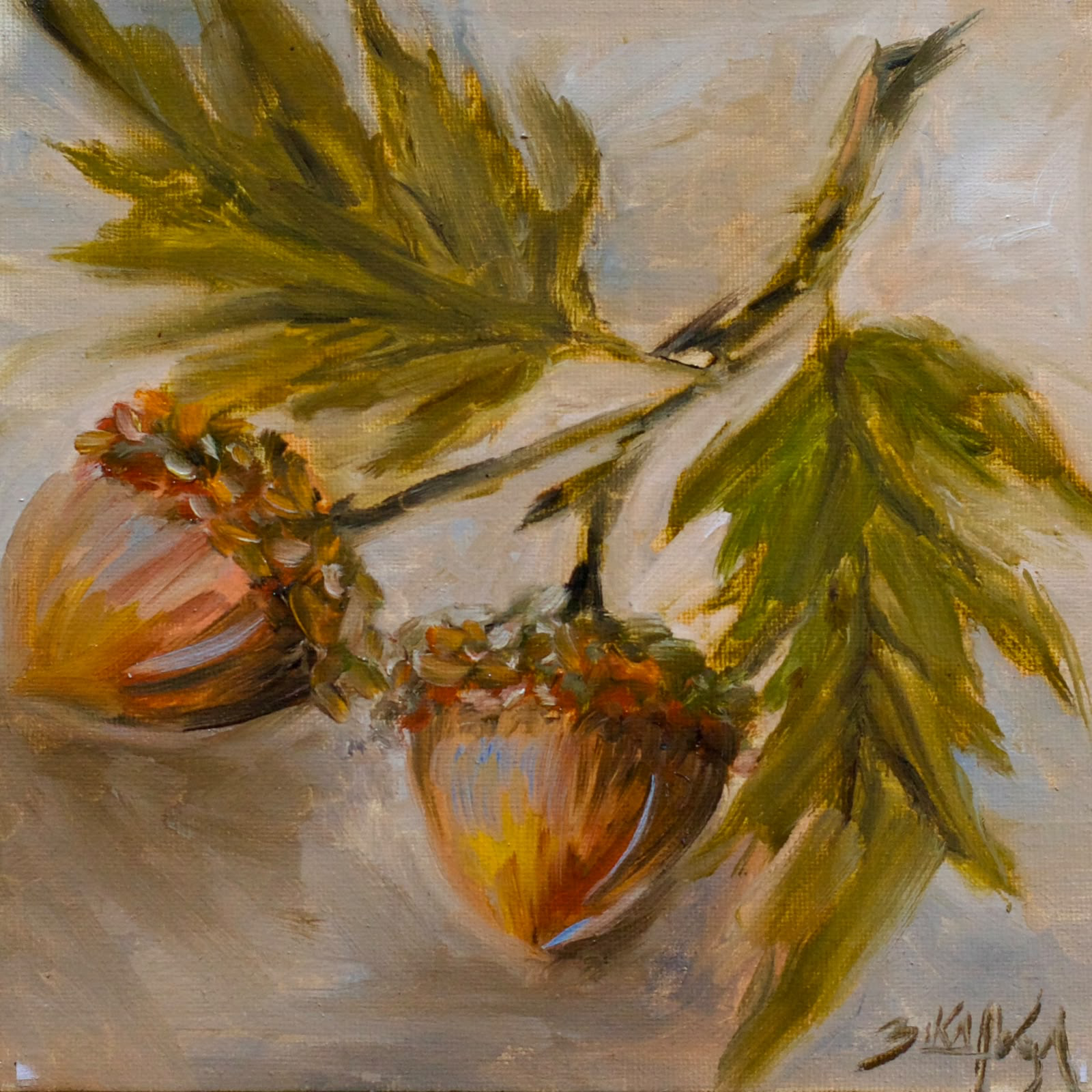 Fruit and leaves in shades of green and gold