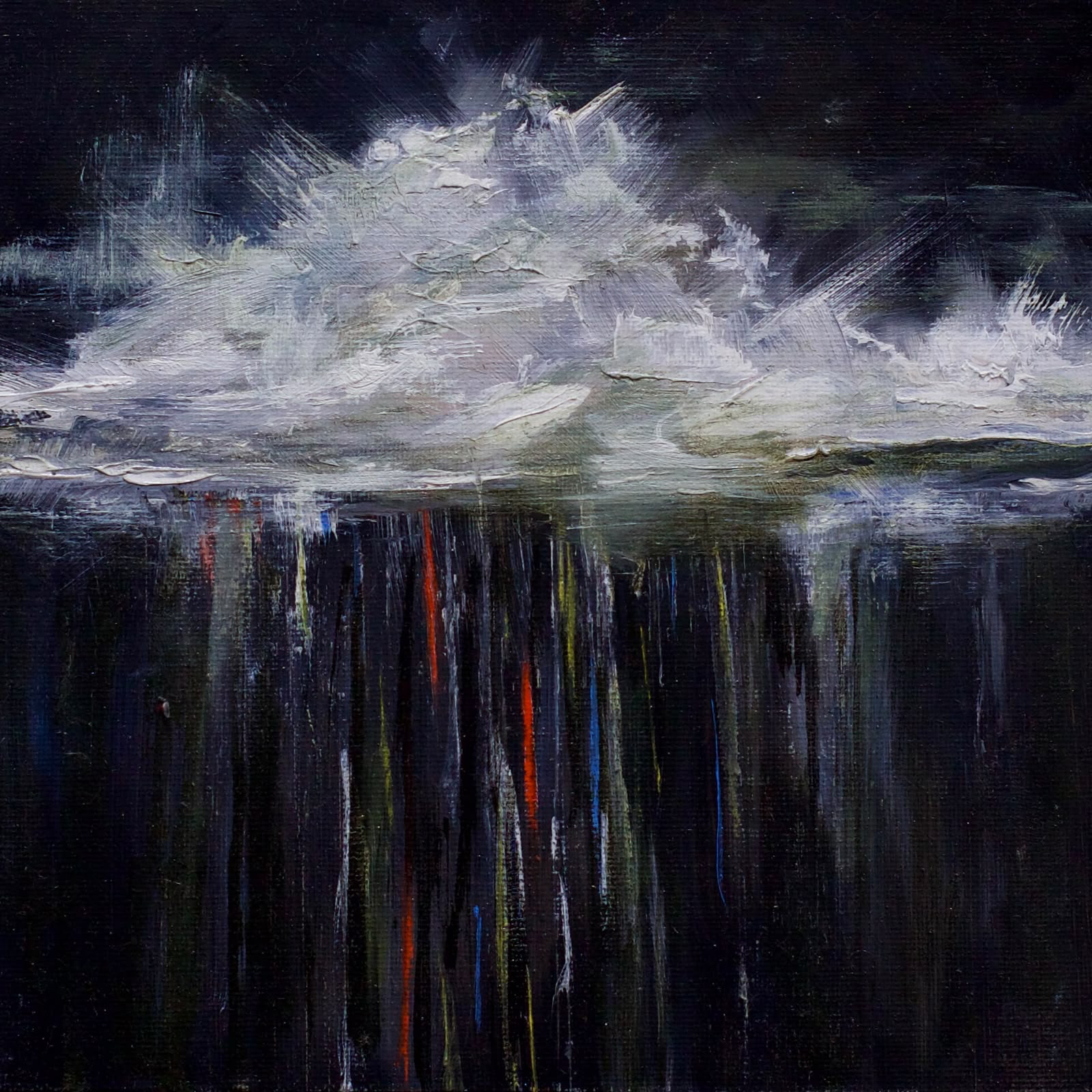 Light clouds and colourful threads of rain against a dark background