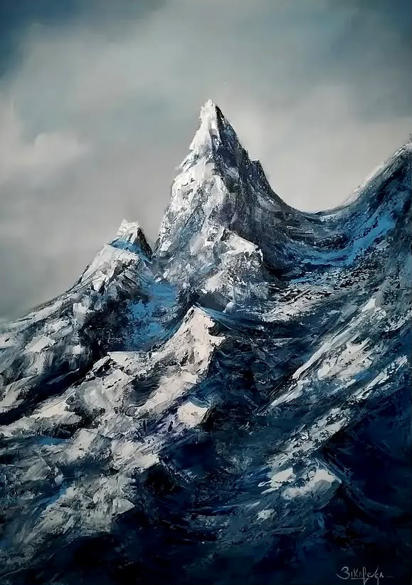Pico montanhoso coberto de neve em tons azuis