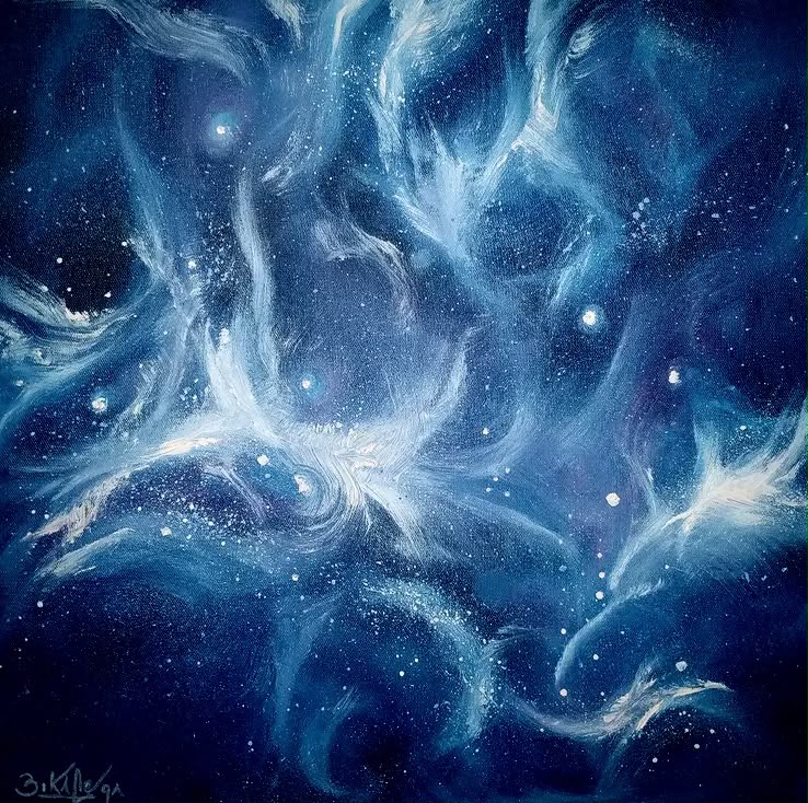 Formas luminosas e pontos brancos sobre fundo azul